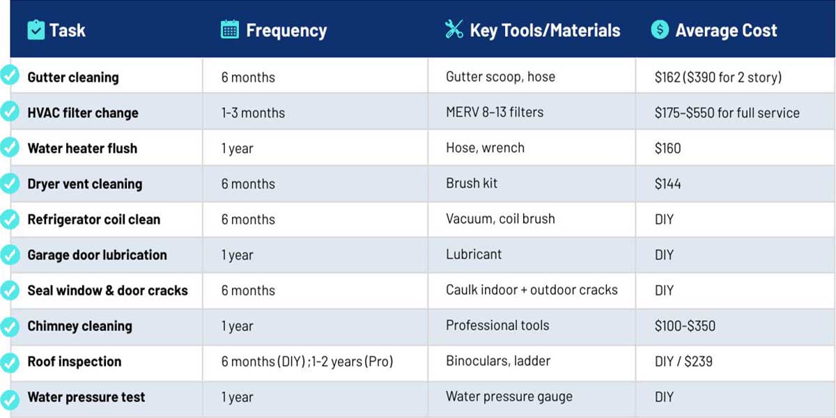 Home Maintenance Tasks Save Thousands Schedule Yearly Chart 2025 
