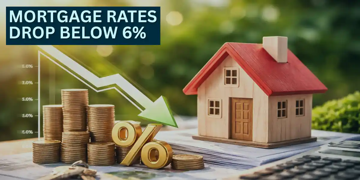 Mortgage Rates Drop Below 6% Blog Header Image Green Plants Bar, Background, Red House, Gold %, Money