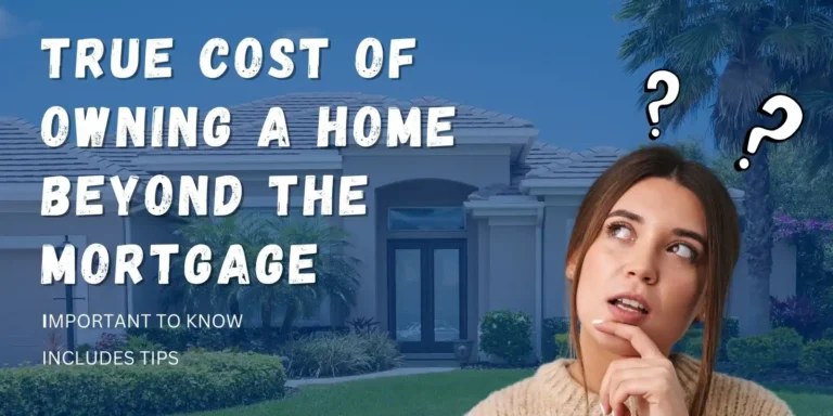 True Cost of Owning A Home Title Woman Looking at Title Navy Background