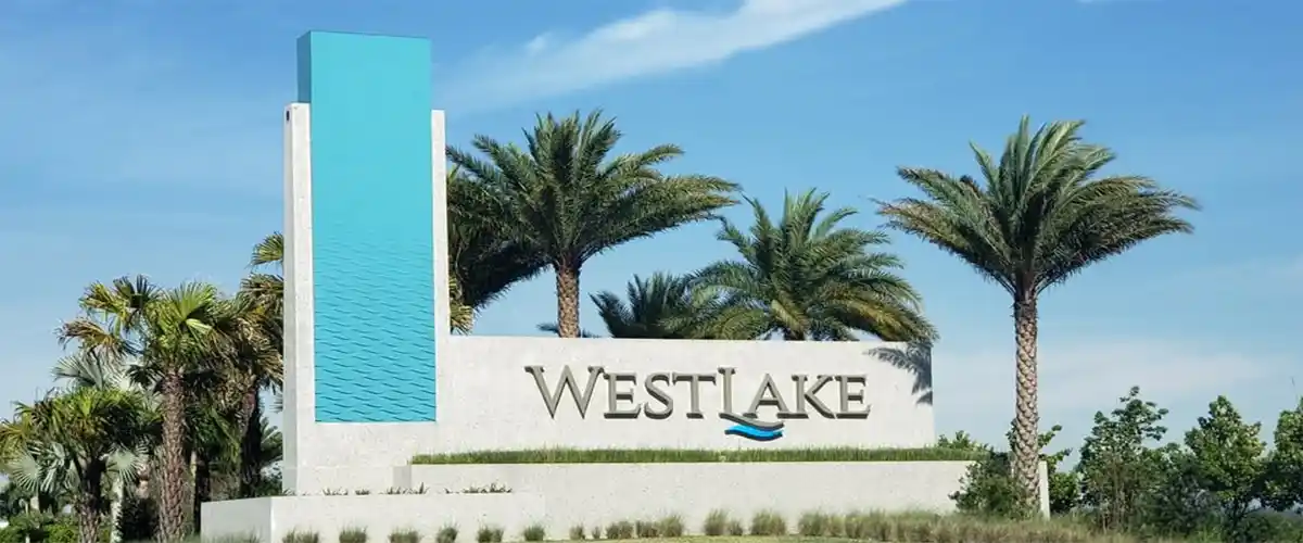 Westlake FL Entrance Signage Homes Palm Beaches Blues Aqua Creme Greens